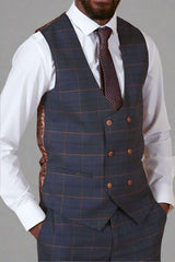 Marc Darcy JENSON - Marine Navy Check Suit With Double Breasted Waistcoat